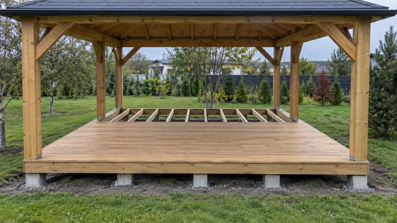 Gazebo decking: 28mm or 45mm boards, 5mm gaps, and why boards go crosswise to joists